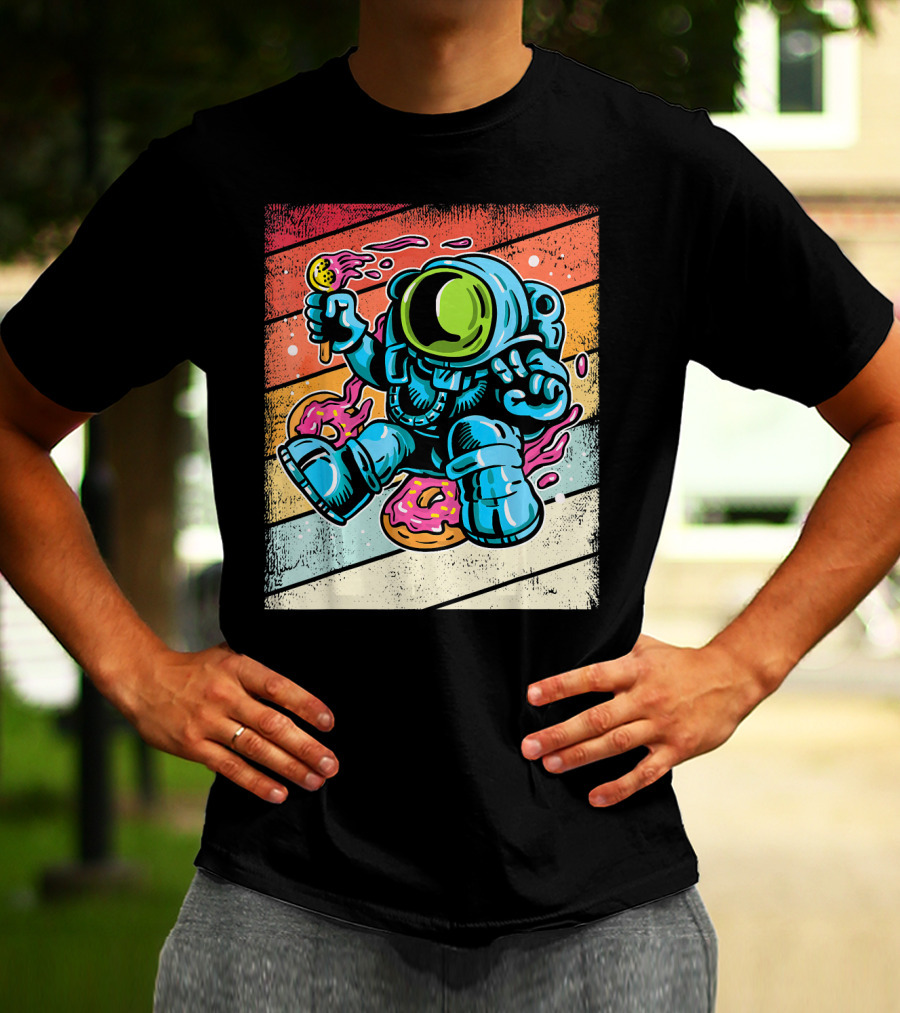 Astronaut Enjoying Ice Cream And Donuts In Retro Space Suit On Colorful T-Shirt