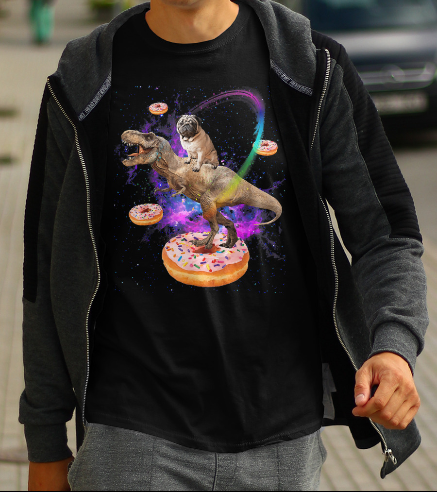 Space Pug Riding Dinosaur T-Rex With Donuts And Galactic Background T-Shirt