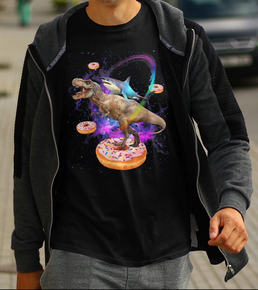 Space Shark And T-Rex Riding On Glazed Donut Galaxy T-Shirt