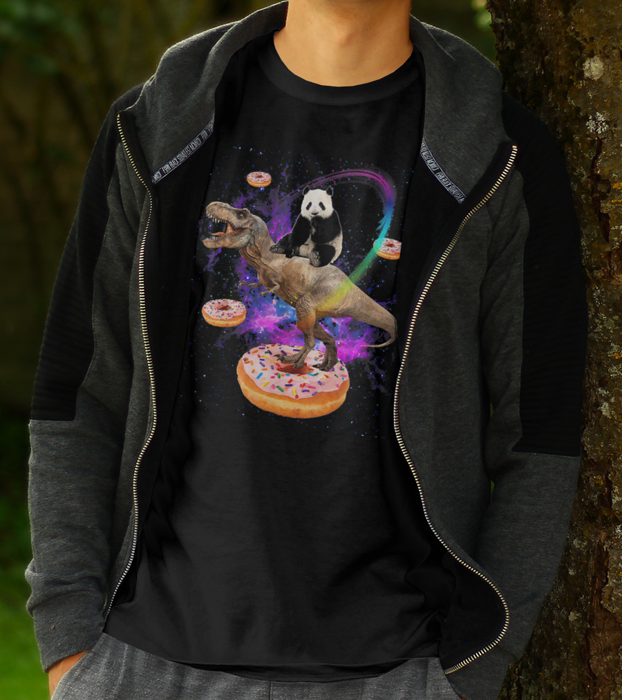 Space Panda Riding T-Rex On Sprinkled Donuts In Galaxy T-Shirt