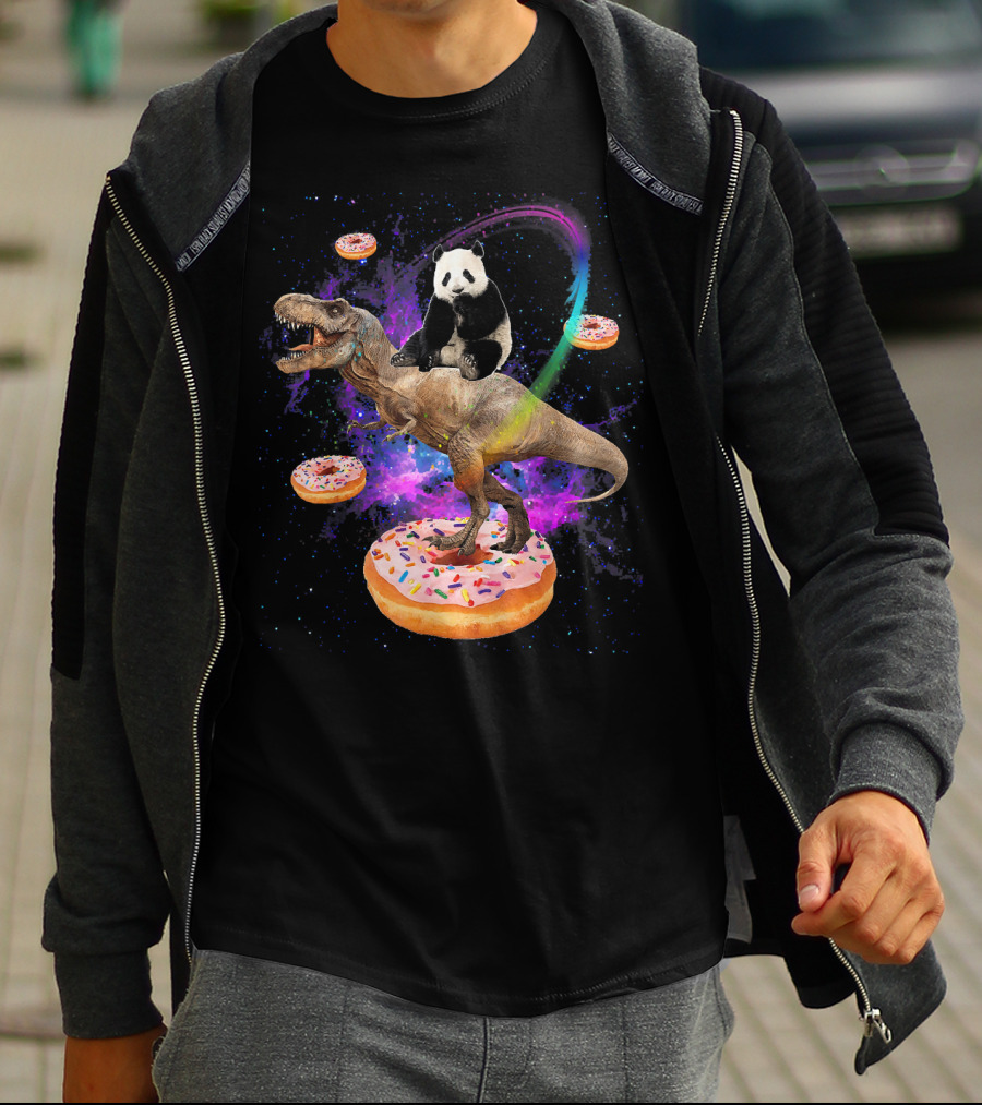 Space Panda Riding T-Rex On Sprinkled Donuts In Galaxy T-Shirt