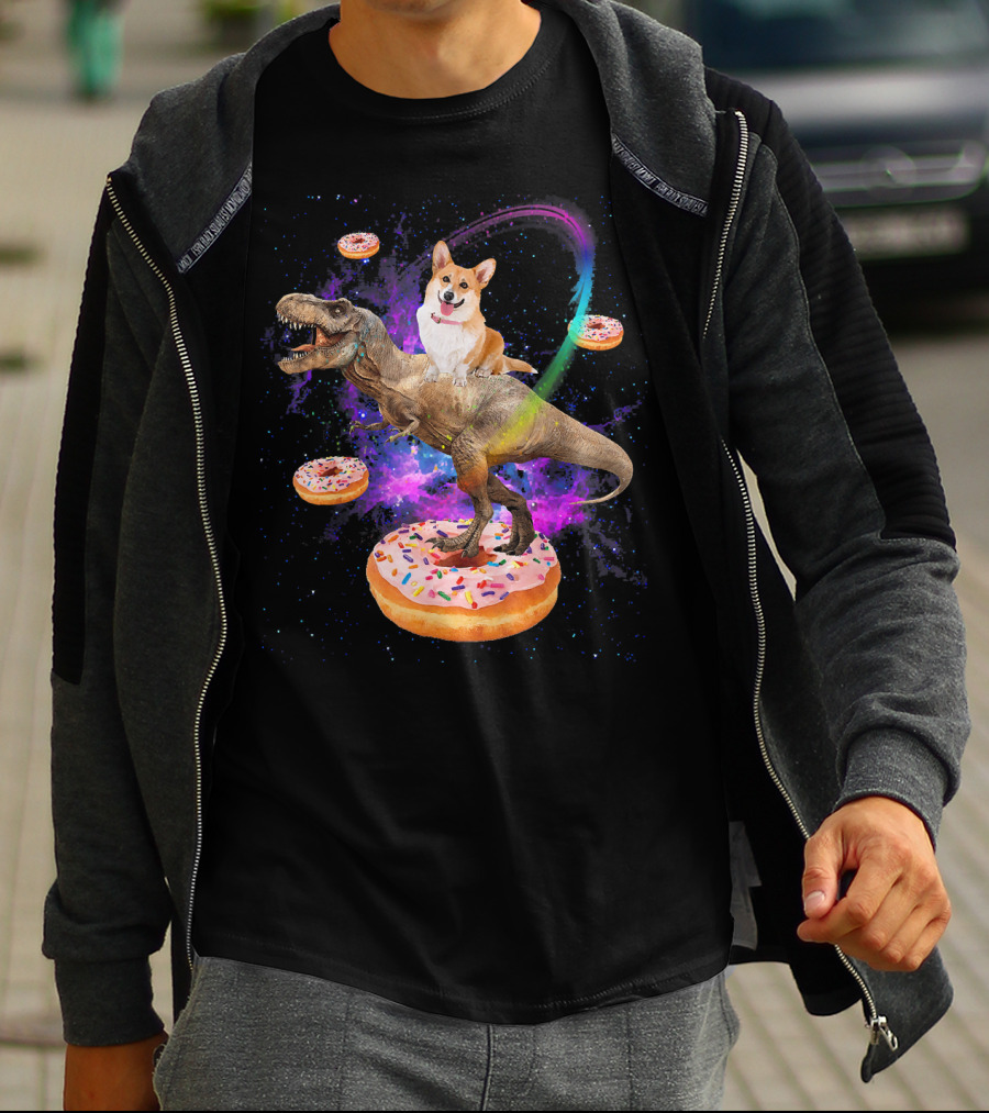 Space Corgi Riding Dinosaur Rex With Floating Donuts In Galaxy T-Shirt