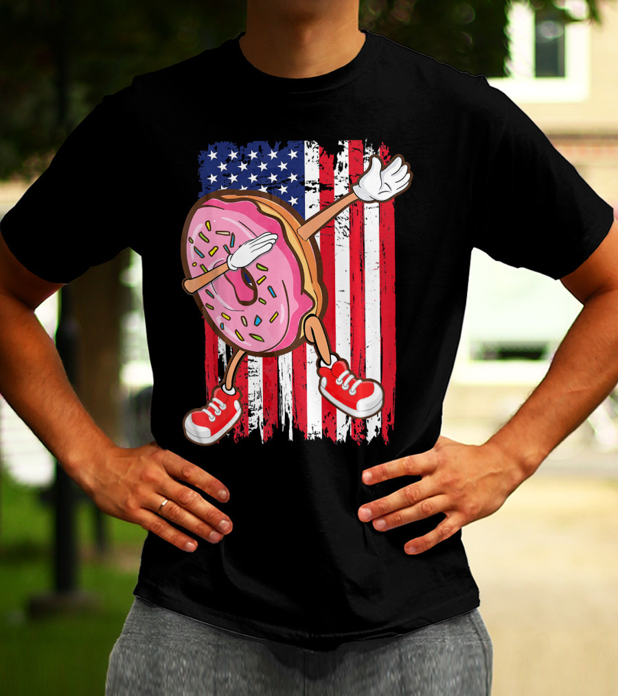 Dabbing American USA Strawberry Frosted Donut On Flag Background T-Shirt