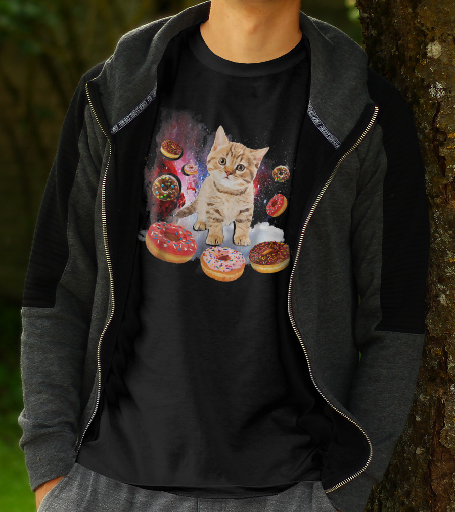 Cosmic Encounter With Cat Surrounded By Colorful Donuts In Space T-Shirt