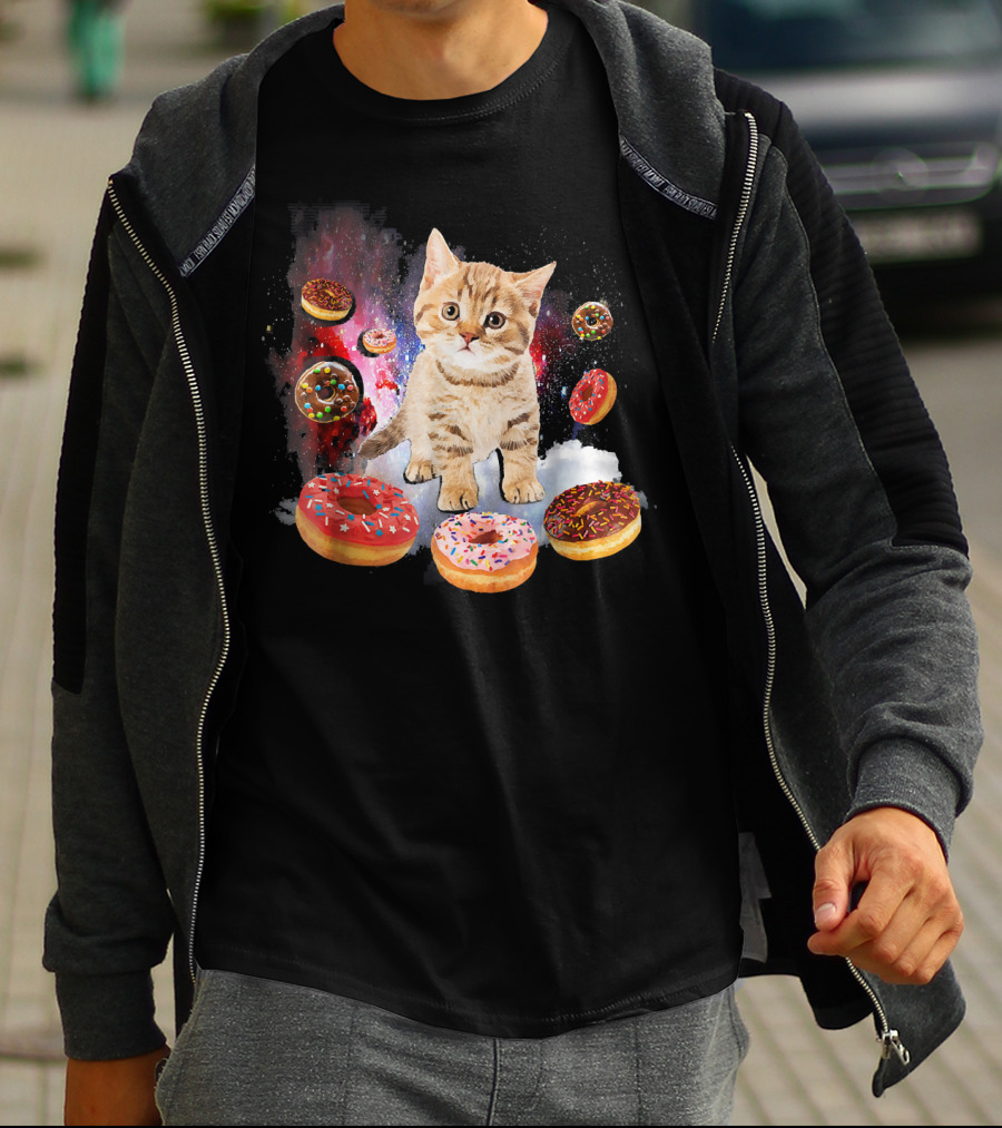 Cosmic Encounter With Cat Surrounded By Colorful Donuts In Space T-Shirt