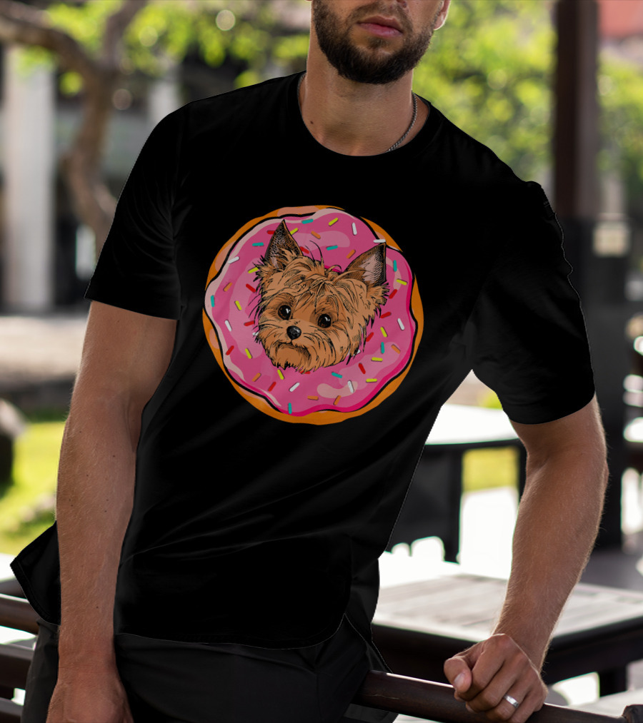 Funny Donut Dog Face Yorkie Yorkie Donut Sprinkles T-Shirt