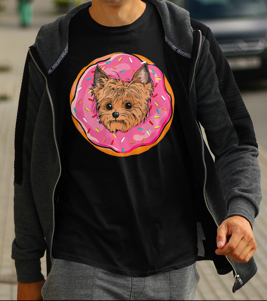 Funny Donut Dog Face Yorkie Yorkie Donut Sprinkles T-Shirt