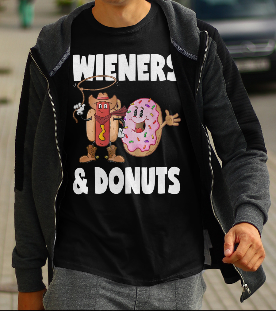 WIENERS And DONUTS Funny Vintage Hot Dog Cowboy And Happy Donut With Sprinkles T-Shirt
