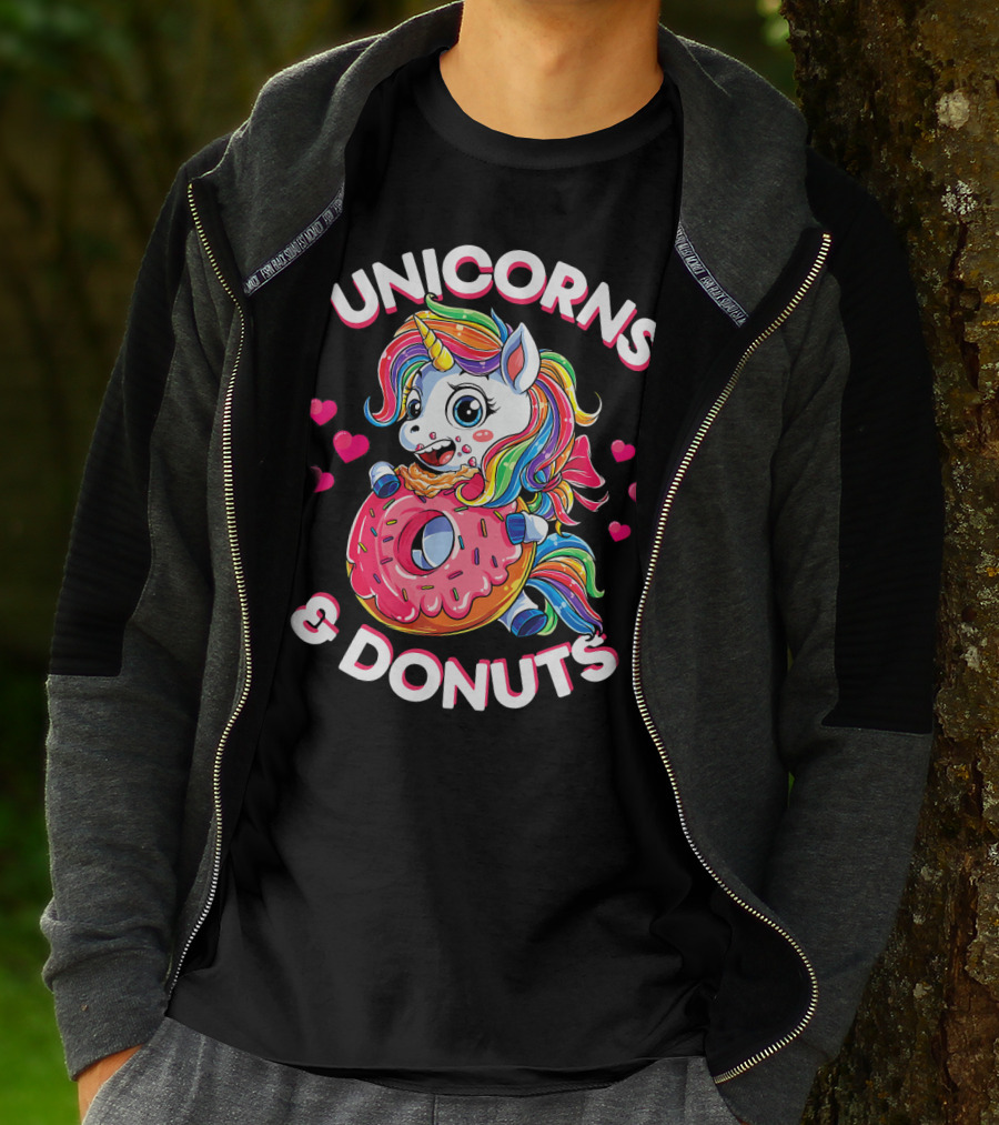 UNICORNS And DONUTS Rainbow Unicorn Eating Donut Surrounded By Hearts T-Shirt