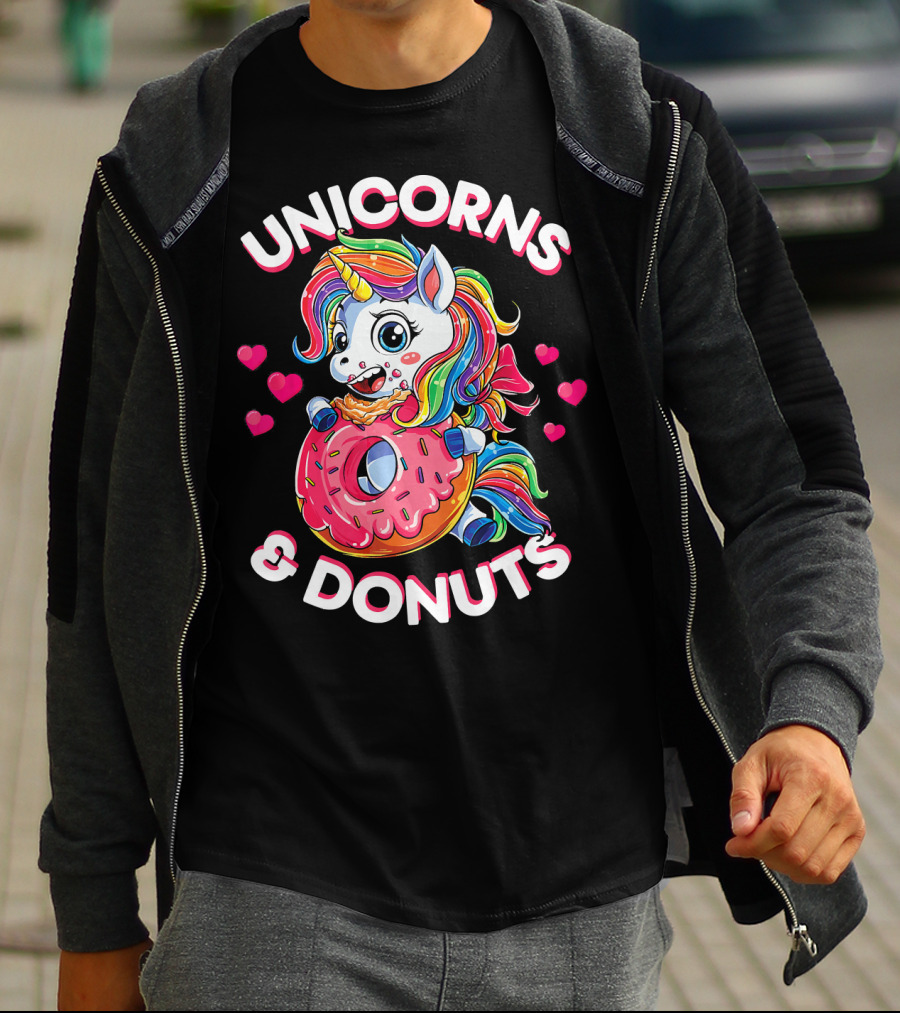 UNICORNS And DONUTS Rainbow Unicorn Eating Donut Surrounded By Hearts T-Shirt