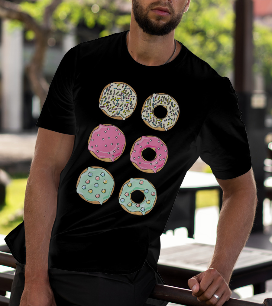 Colorful Pastel Sprinkles Donuts Pink Glaze Floral Shapes T-Shirt