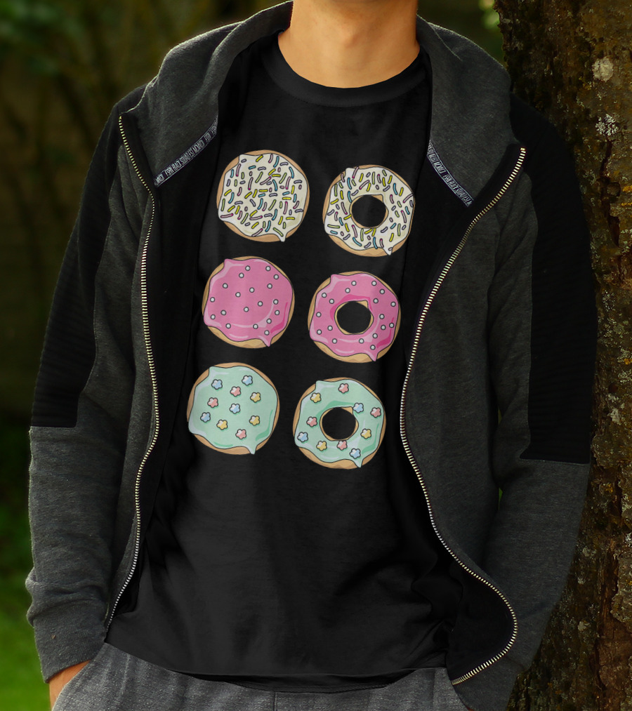 Colorful Pastel Sprinkles Donuts Pink Glaze Floral Shapes T-Shirt