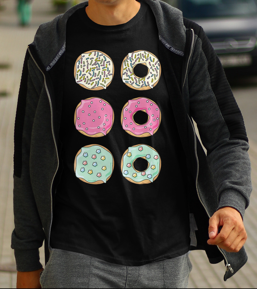 Colorful Pastel Sprinkles Donuts Pink Glaze Floral Shapes T-Shirt