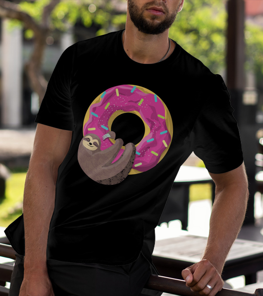 Sloth Hugging Pink Sprinkled Donut T-Shirt