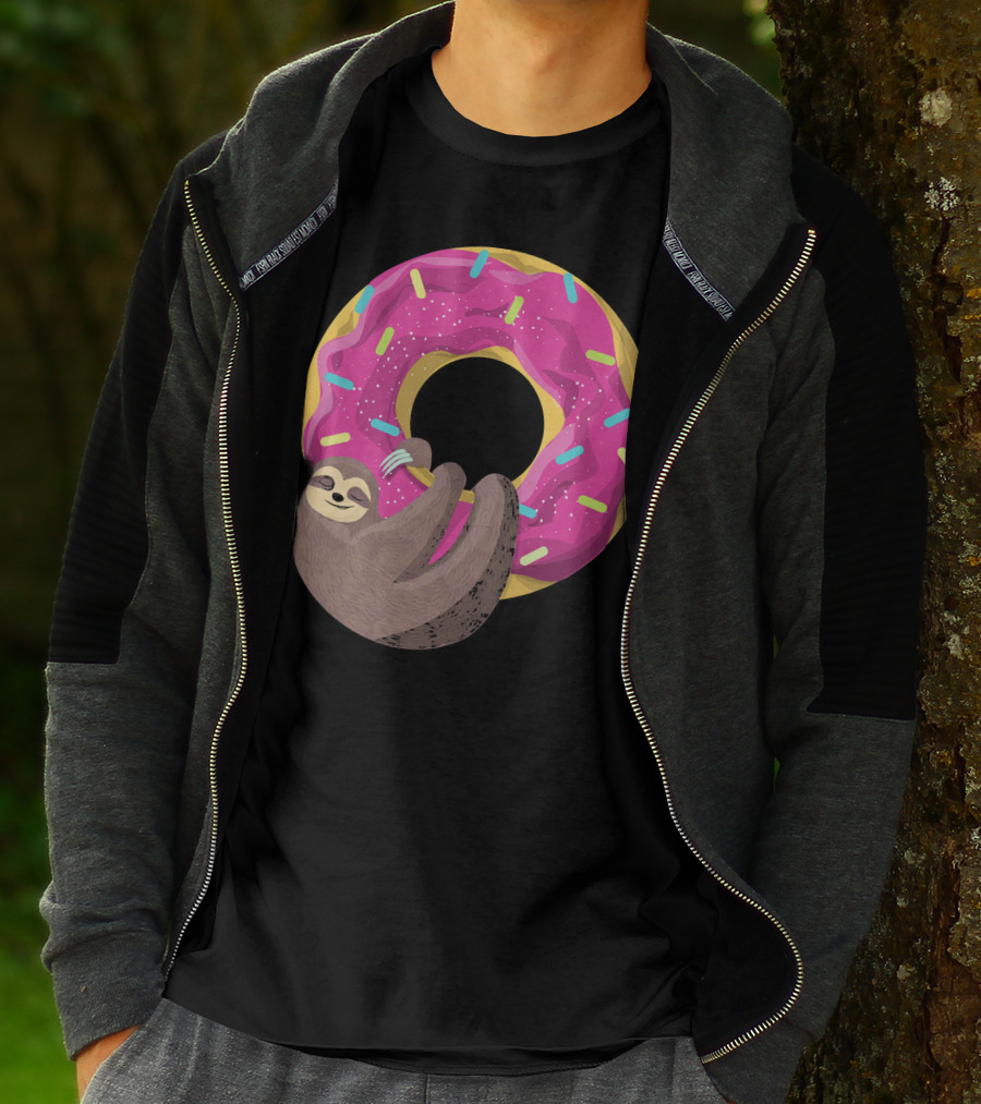 Sloth Hugging Pink Sprinkled Donut T-Shirt