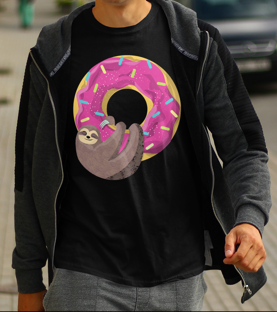 Sloth Hugging Pink Sprinkled Donut T-Shirt