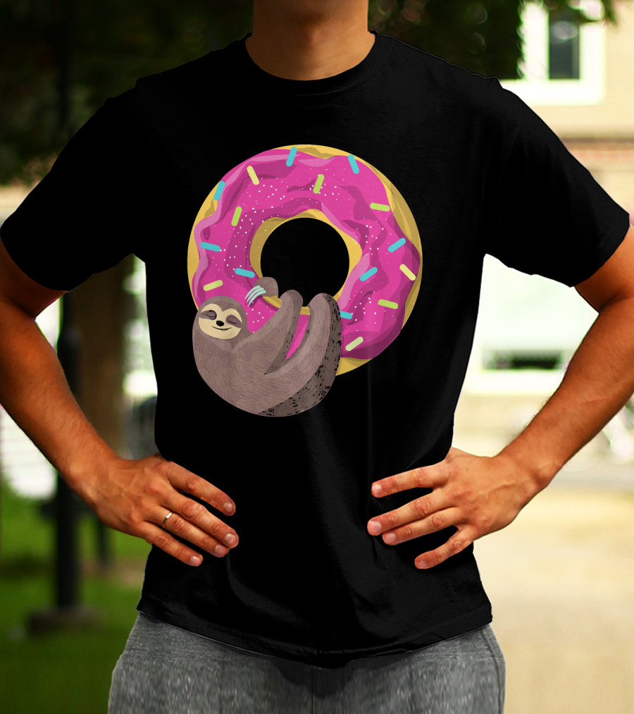 Sloth Hugging Pink Sprinkled Donut T-Shirt