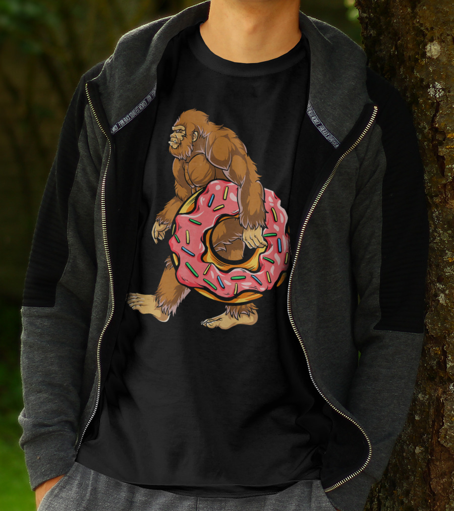 Bigfoot Sasquatch Holding Sprinkled Donut T-Shirt