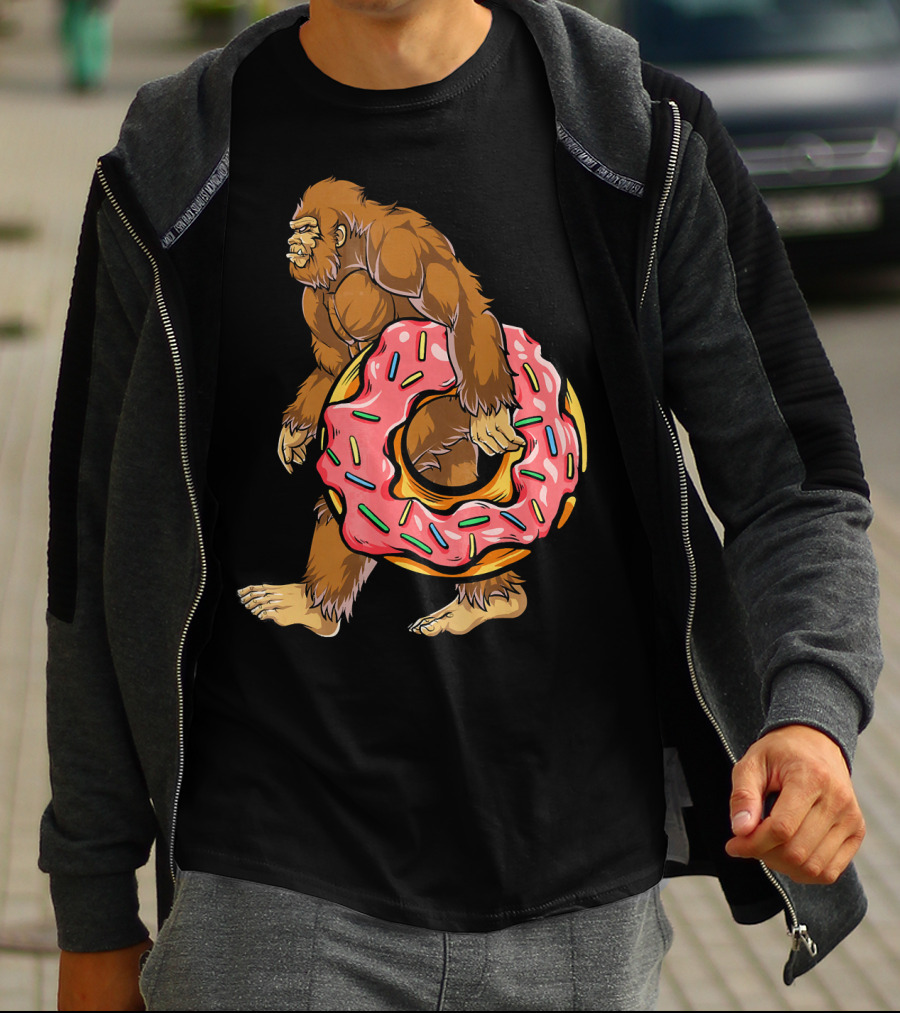 Bigfoot Sasquatch Holding Sprinkled Donut T-Shirt