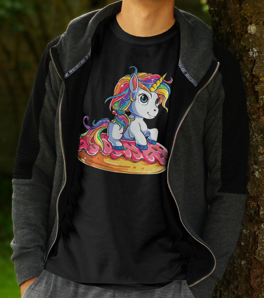 Rainbow Unicorn Sitting On Donut Girls Kids T-Shirt