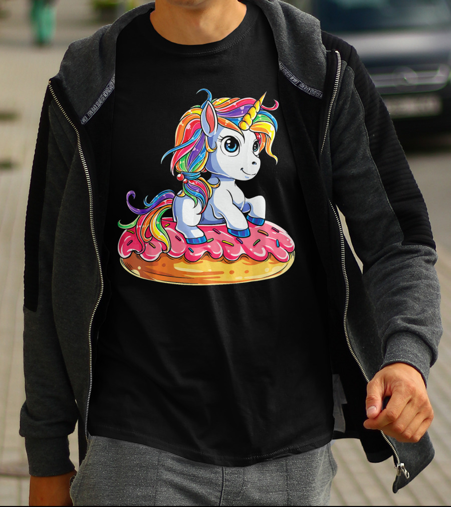 Rainbow Unicorn Sitting On Donut Girls Kids T-Shirt