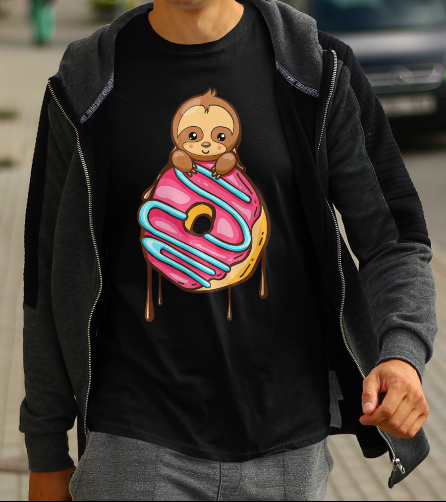 Cute Sloth And Pink Frosted Donut Lover T-Shirt