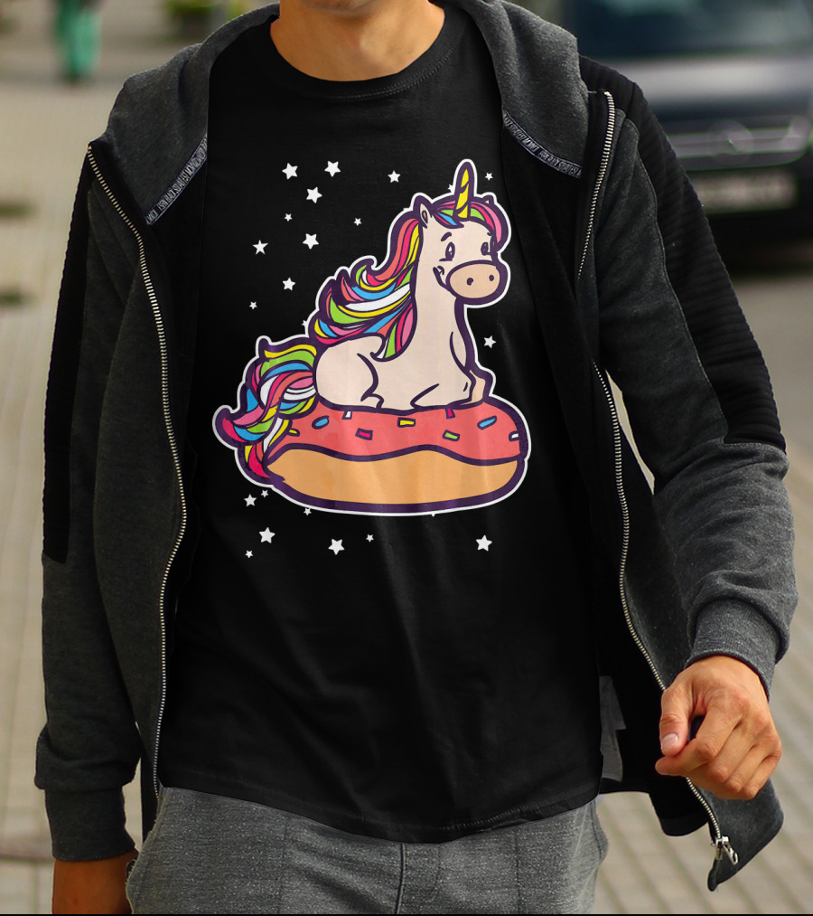 Rainbown Pastel Colors Unicorn Donut Fun With Stars T-Shirt