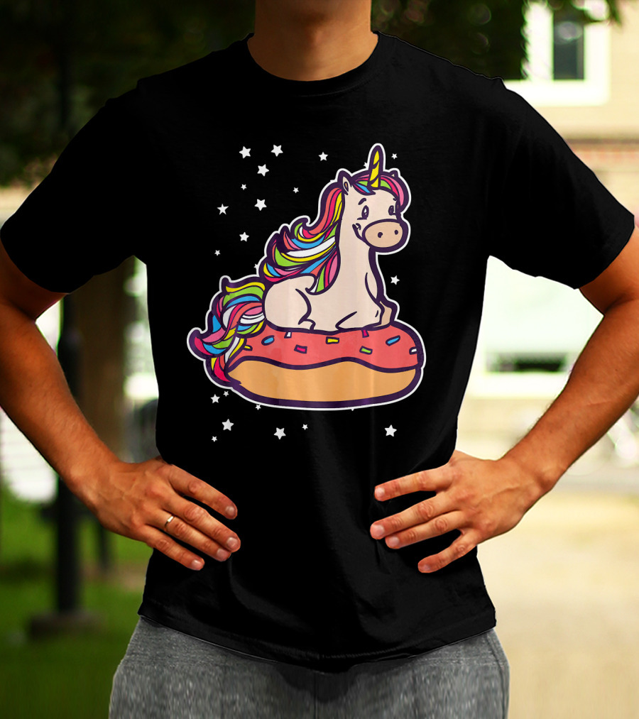 Rainbown Pastel Colors Unicorn Donut Fun With Stars T-Shirt