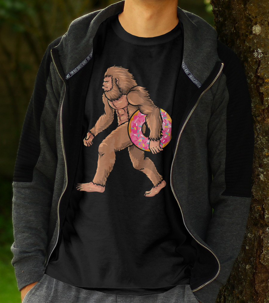 Bigfoot With Sprinkled Doughnut Walking Image T-Shirt