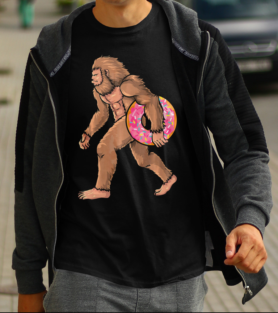 Bigfoot With Sprinkled Doughnut Walking Image T-Shirt