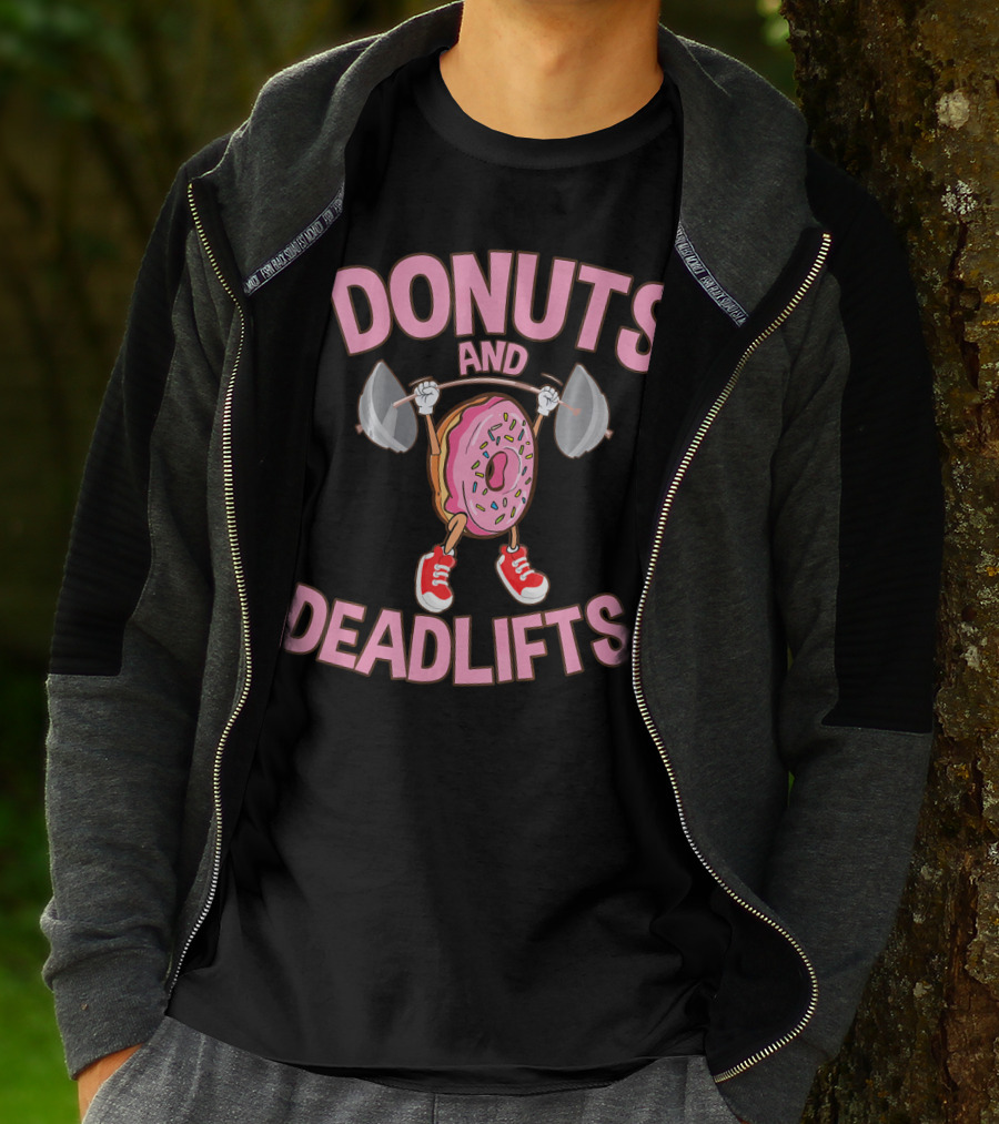 Donuts And Deadlifts Funny Workout Weigh Lifting Doughnut Cartoon T-Shirt