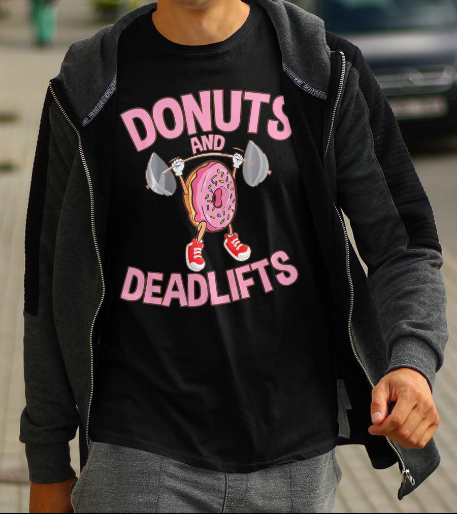 Donuts And Deadlifts Funny Workout Weigh Lifting Doughnut Cartoon T-Shirt