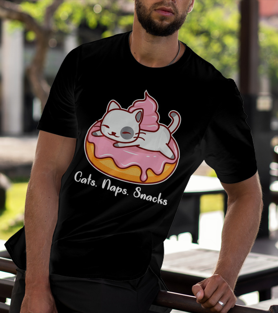 Cats Naps Snacks With Cute Kitty On Pink Icing Donut T-Shirt