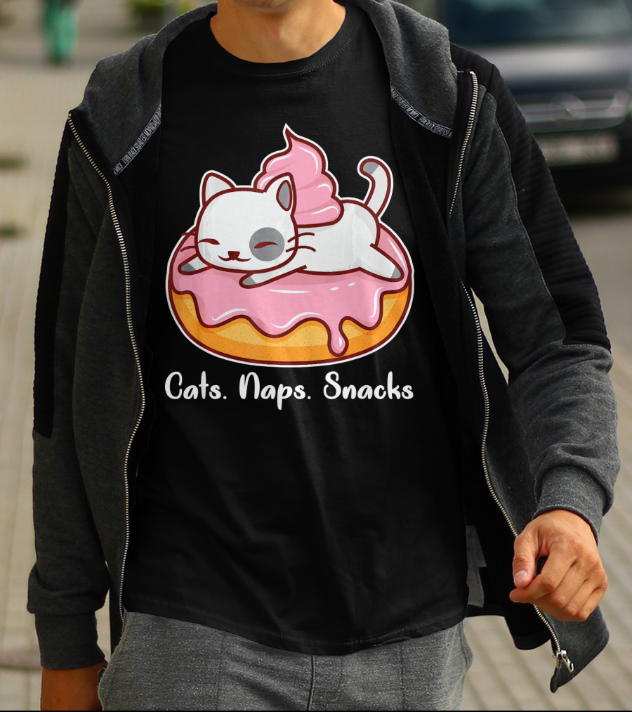 Cats Naps Snacks With Cute Kitty On Pink Icing Donut T-Shirt