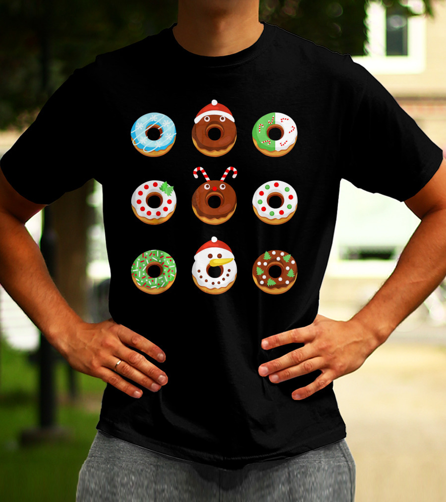 Christmas Donut Snowflakes Santa Candy Canes Holly Wreath Trees Snowman T-Shirt