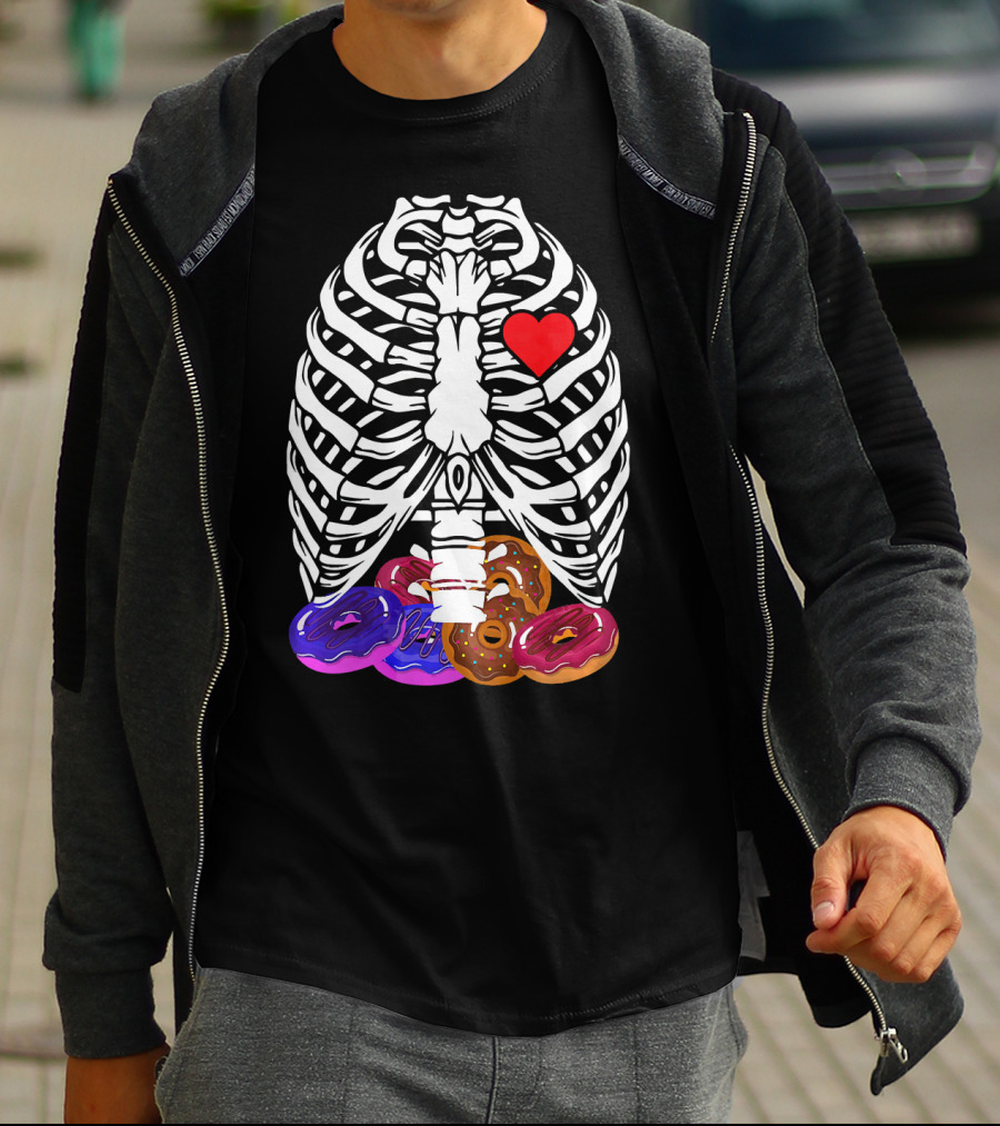 Funny Halloween Rib Cage Skeleton With Heart And Colorful Donuts T-Shirt