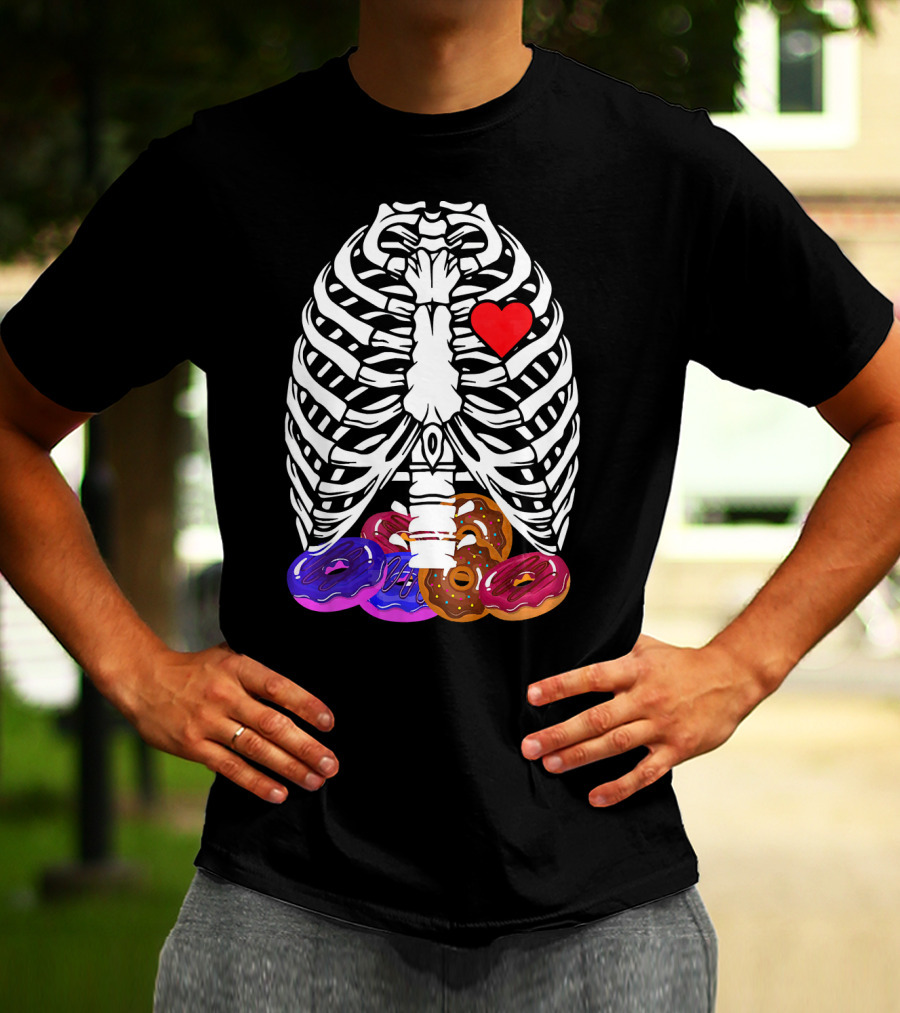 Funny Halloween Rib Cage Skeleton With Heart And Colorful Donuts T-Shirt
