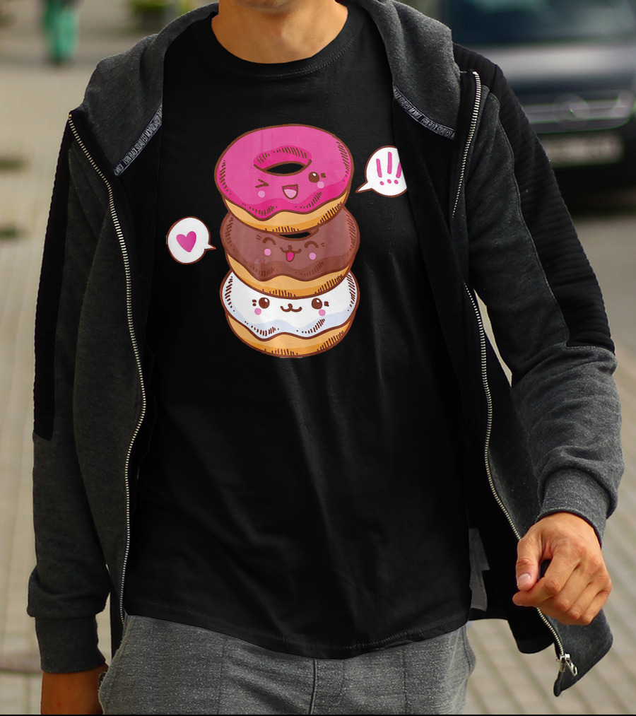 Kawaii Cheerleading Donut Stack With Cute Expressions And Heart Speech Bubbles T-Shirt