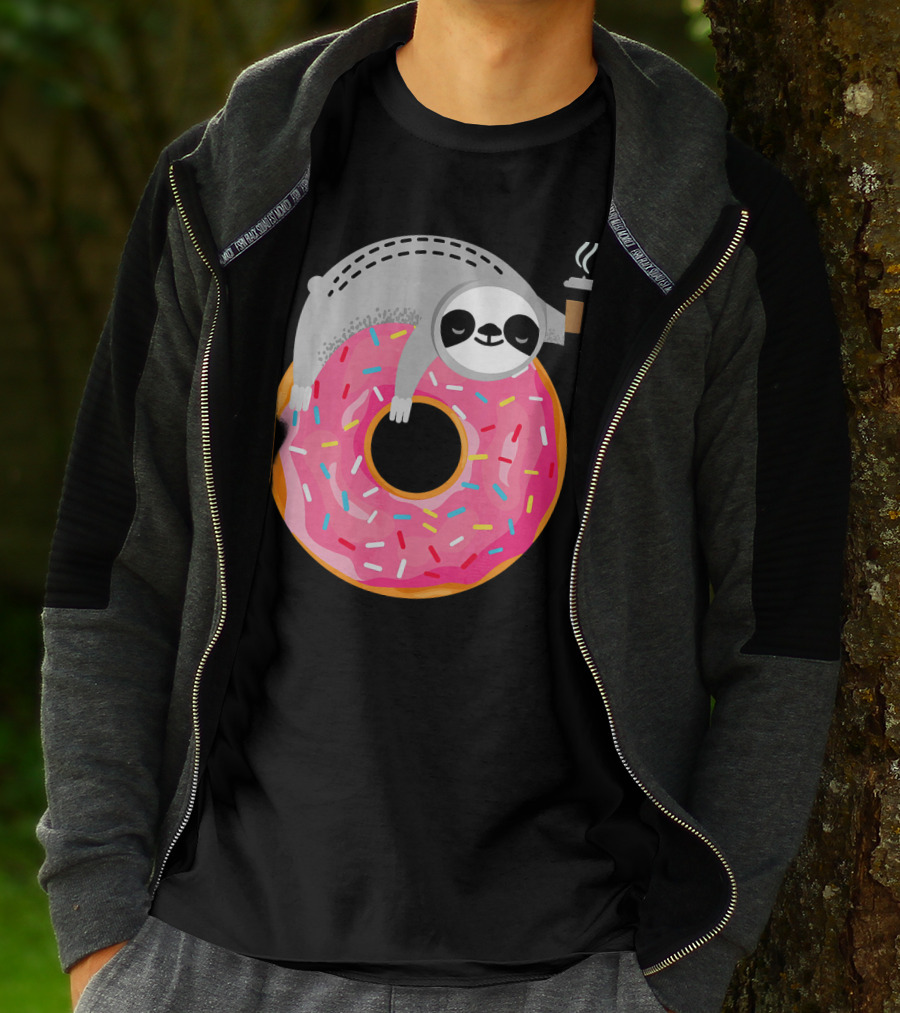 Sloth Relaxing On Sprinkled Donut Holding Steaming Coffee Cup T-Shirt
