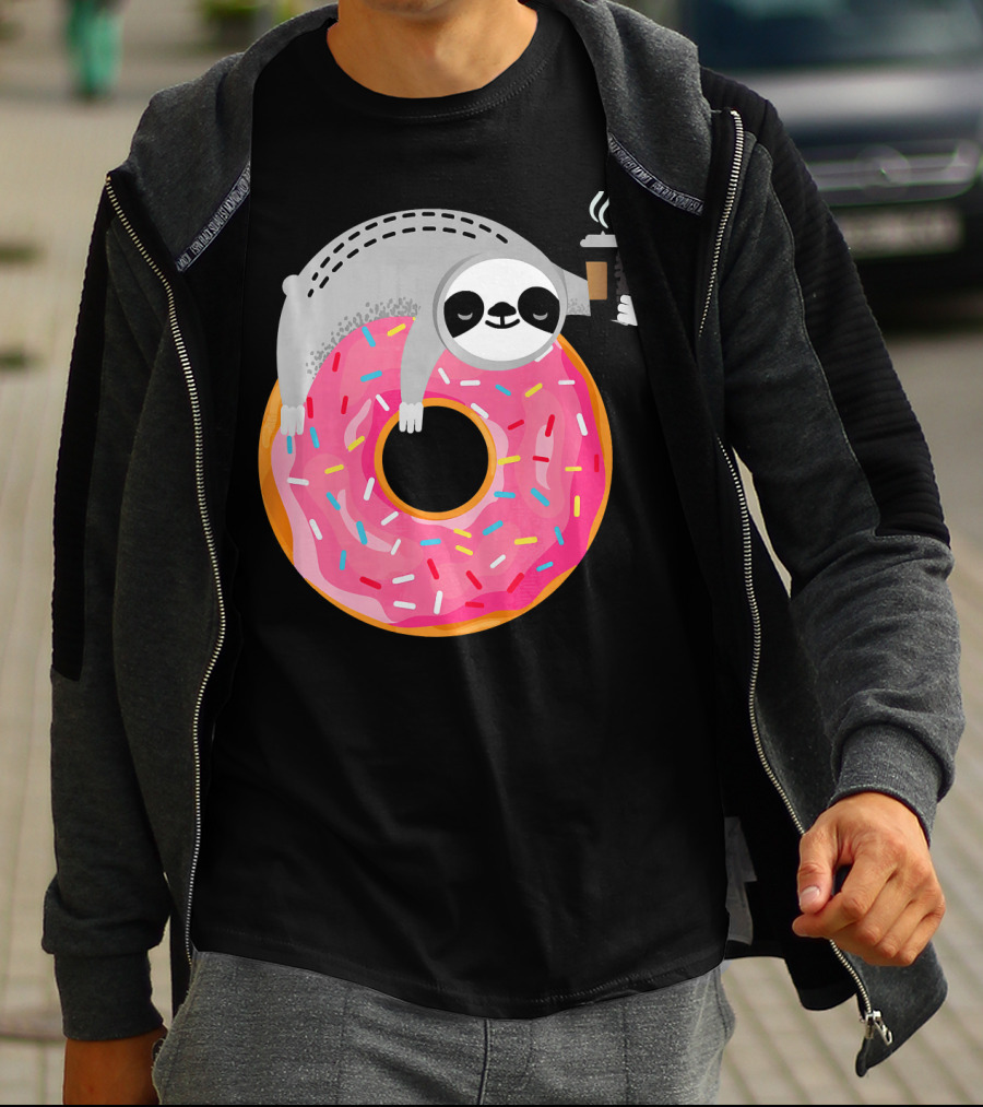 Sloth Relaxing On Sprinkled Donut Holding Steaming Coffee Cup T-Shirt