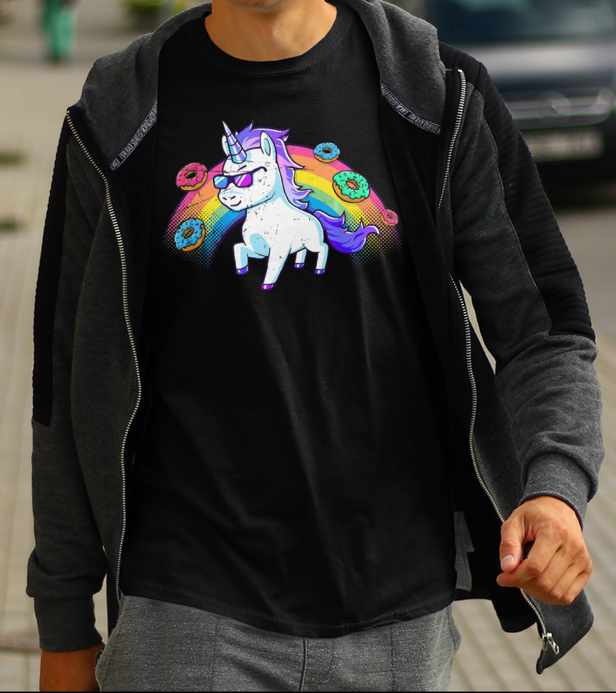 Donut Unicorn In Sunglasses With Rainbow T-Shirt