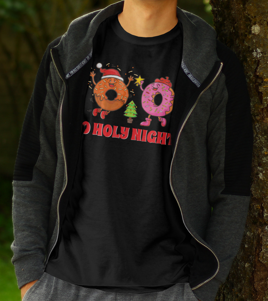 O Holy Night Christmas Donuts With Santa Hat And Tree T-Shirt