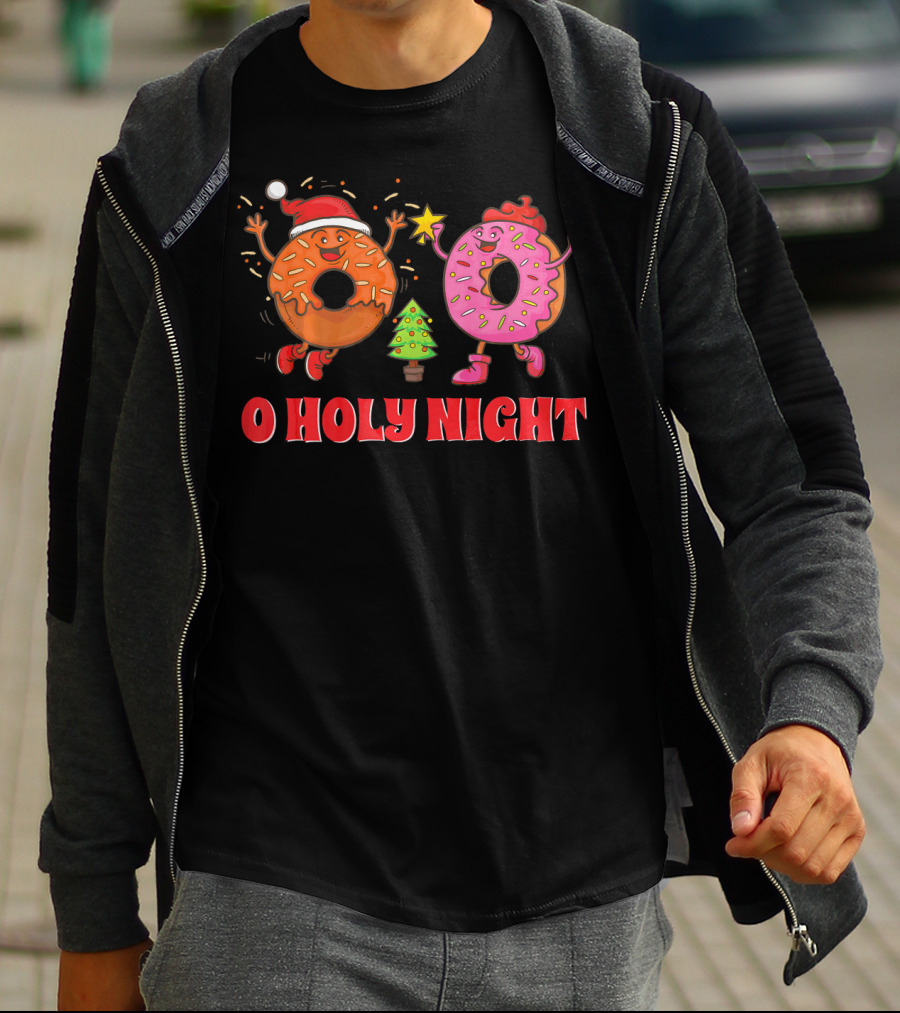 O Holy Night Christmas Donuts With Santa Hat And Tree T-Shirt