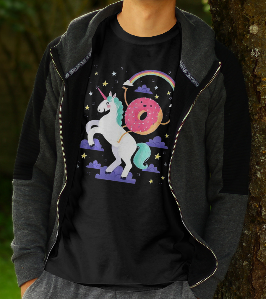 Donut Riding Unicorn With Rainbow And Stars T-Shirt