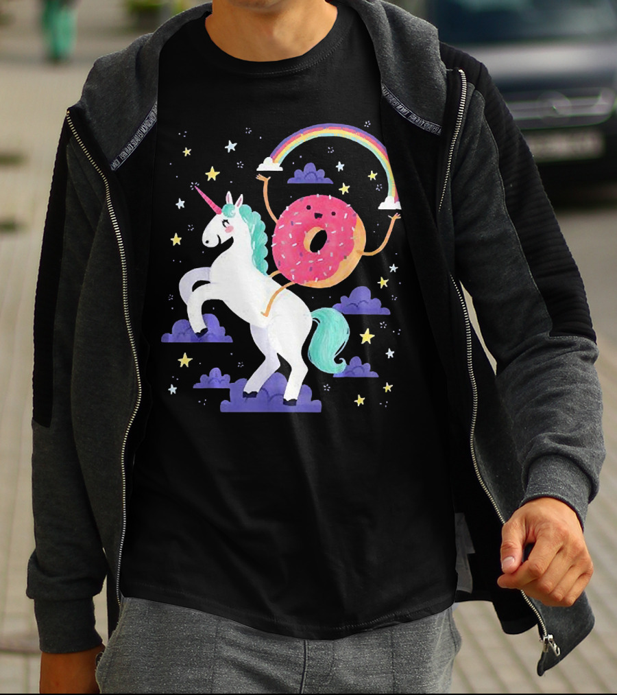 Donut Riding Unicorn With Rainbow And Stars T-Shirt
