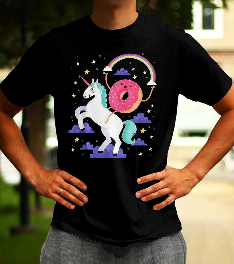 Donut Riding Unicorn With Rainbow And Stars T-Shirt