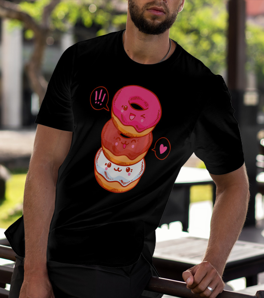 Kawaii Donuts Stack With Cute Faces And Heart T-Shirt