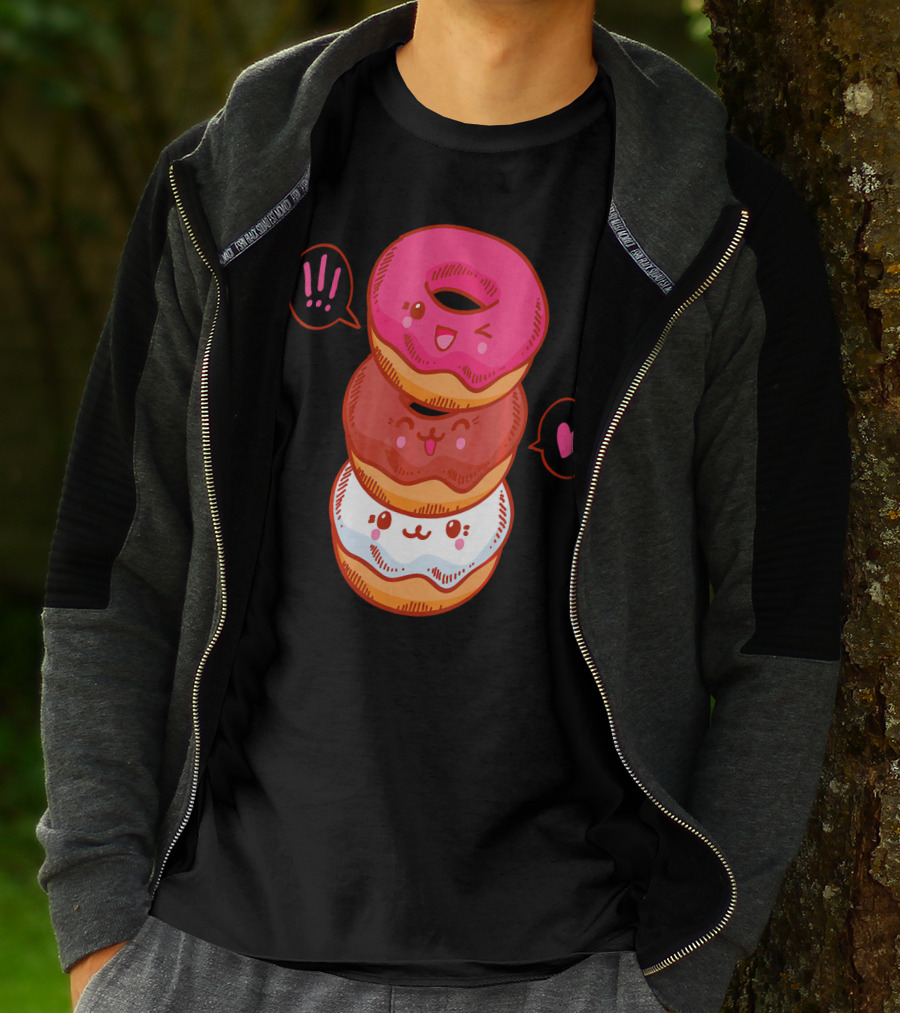 Kawaii Donuts Stack With Cute Faces And Heart T-Shirt