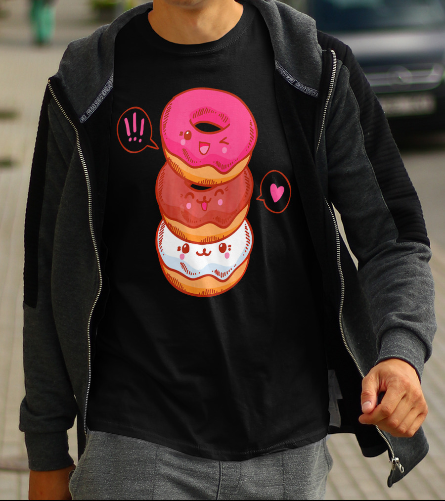 Kawaii Donuts Stack With Cute Faces And Heart T-Shirt