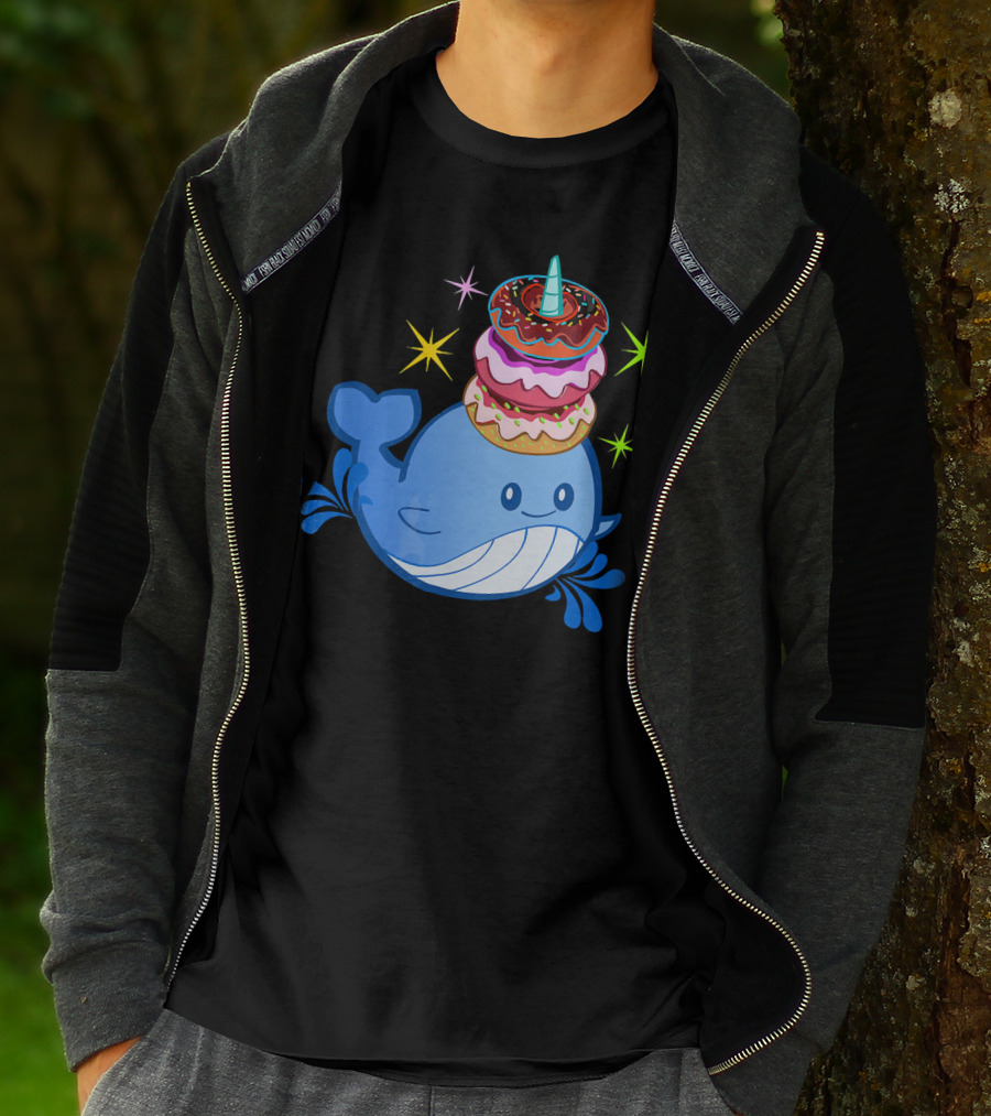 Cute Narwhal Balancing Colorful Donuts T-Shirt